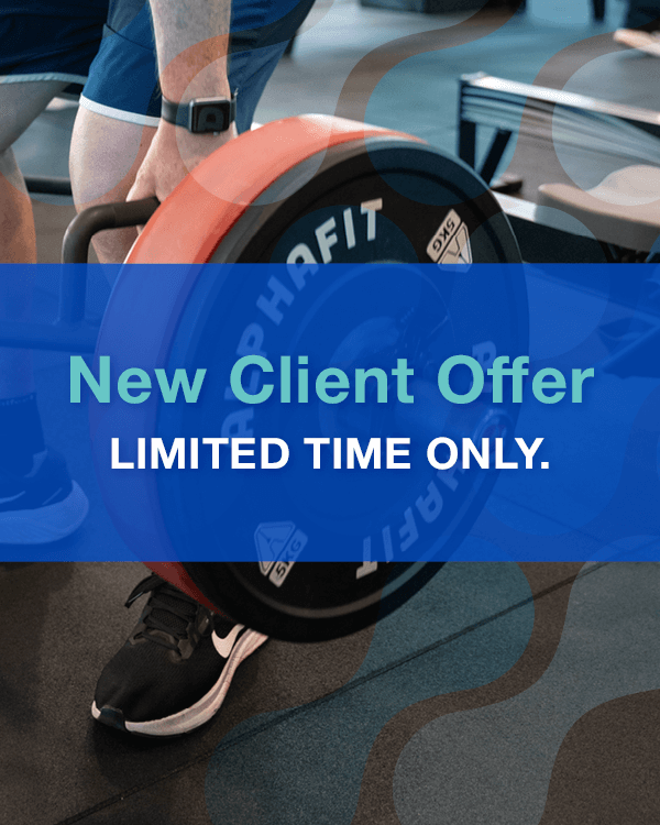 Person in a gym lifting a barbell with weight plates, overlaid with text reading “New client offer – limited time only.”